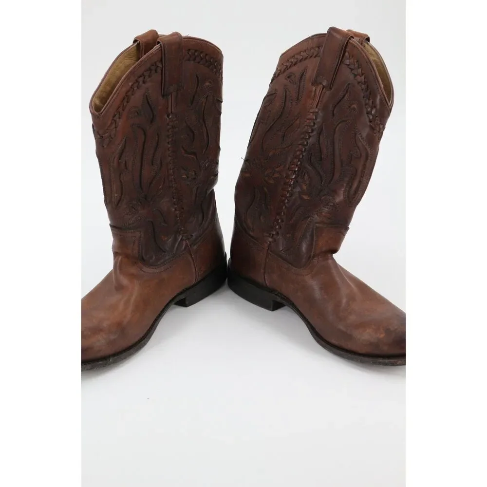Frye Wyatt Overlay Cowboy Boots Womens 8B Brown Distressed Leather Western Moto